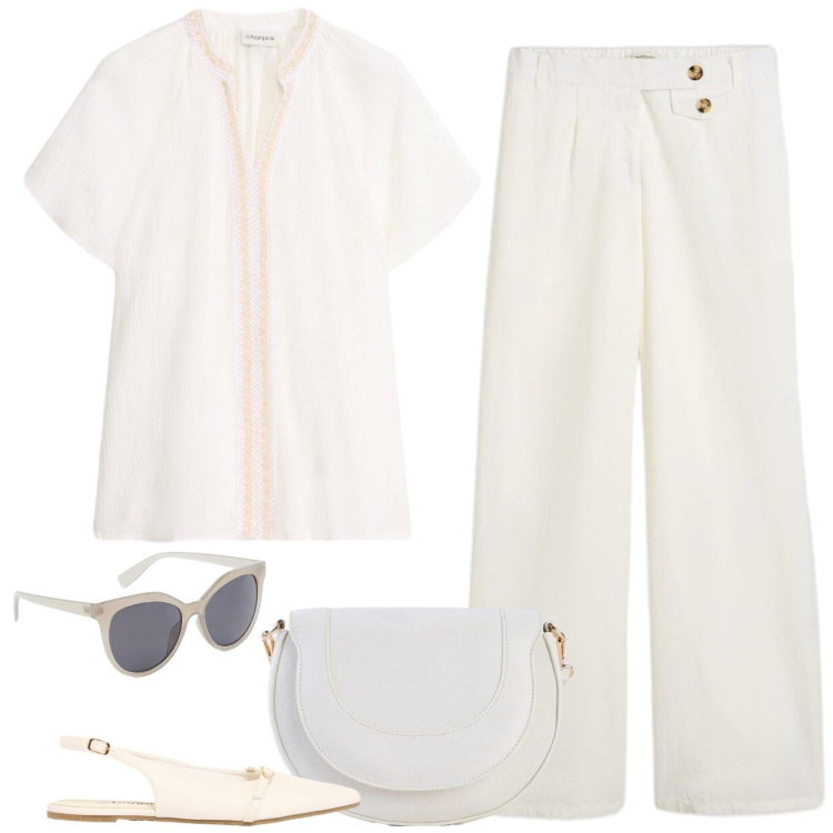 Outfit donna - Bianco totale. Stile Casual chic per Scuola/Università. Abbinamento con borse a tracolla, pantaloni, ballerine, occhiali da sole, tuniche.