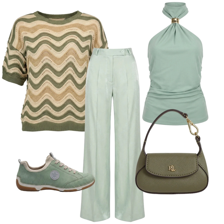 Outfit donna - Sfumature di Salvia. Stile Casual per Ufficio. Abbinamento con sneakers, borse a mano, t-shirt, pantaloni a palazzo, top.