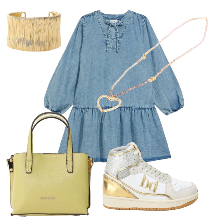 Outfit donna - Total look #2418763. Stile Urban per Scuola/Università. Abbinamento con vestiti midi/longuette, borse a tracolla, braccialetti, collane, sneakers alte.