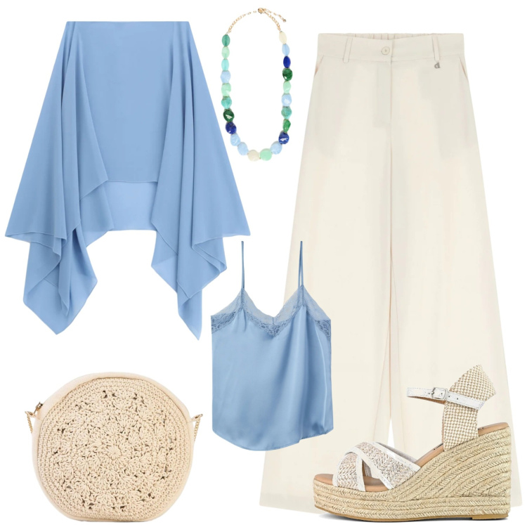 Outfit donna - Estate italiana. Stile Casual chic per Tutti i giorni. Abbinamento con cappe, collane, pantaloni a palazzo, canottiere, zeppe, borse a tracolla.