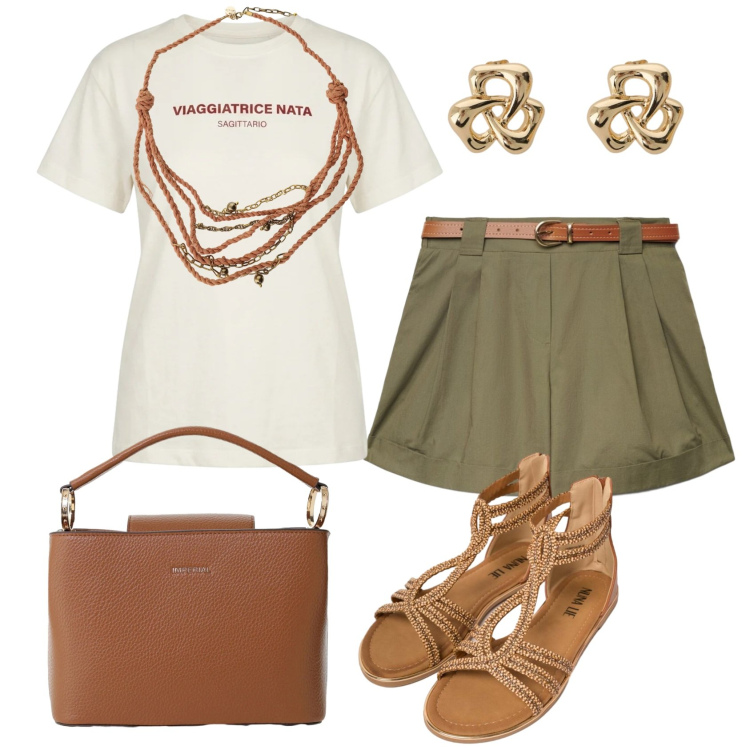 Outfit donna - Total look #2418766. Stile Casual per Tutti i giorni. Abbinamento con shorts, borse a secchiello, sandali in pelle, t-shirt, orecchini, collane.