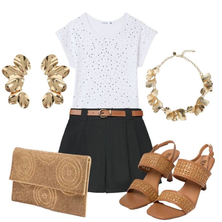 Outfit donna - Total look #2418767. Stile Casual chic per Serata fuori. Abbinamento con shorts, t-shirt, sandali in pelle, clutch, orecchini, collane.