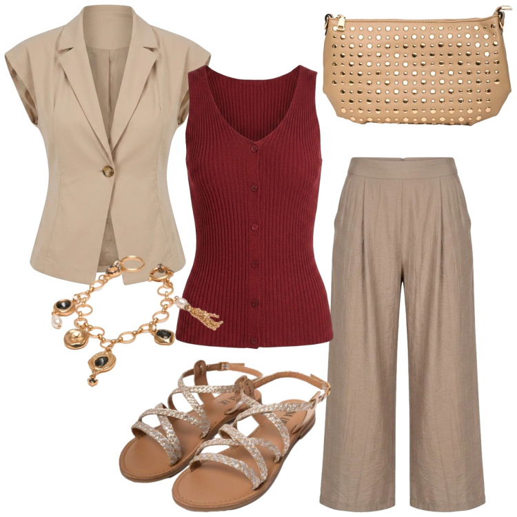 Outfit donna - Total look #2418769. Stile Minimal per Tutti i giorni. Abbinamento con sandali in pelle, pantaloni a palazzo, borse a tracolla, braccialetti, blazer, canottiere.