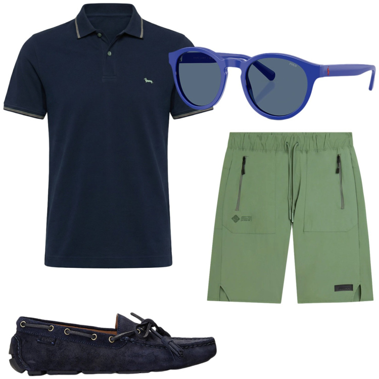 Outfit uomo - Total look #2418772. Stile Casual per Mare. Abbinamento con polo, bermuda, scarpe stringate, occhiali da sole.