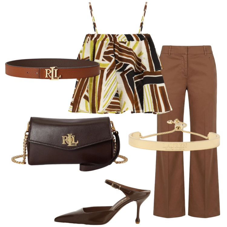 Outfit donna - Serata con gli amici. Stile Chic per Serata fuori. Abbinamento con pantaloni, top, cinture, braccialetti, portafogli, décolleté.
