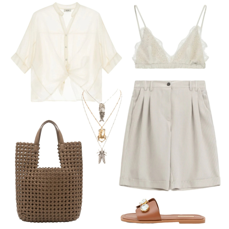 Outfit donna - Safari urbano. Stile Casual chic per Tutti i giorni. Abbinamento con sandali gioiello, reggiseni, bermuda, borse tote, ciondoli, camicie.