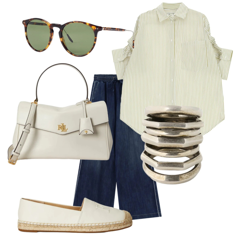 Outfit donna - Pomeriggi in giugno. Stile Trendy per Tutti i giorni. Abbinamento con jeans, camicie, occhiali da sole, espadrillas, borse a mano, anelli.