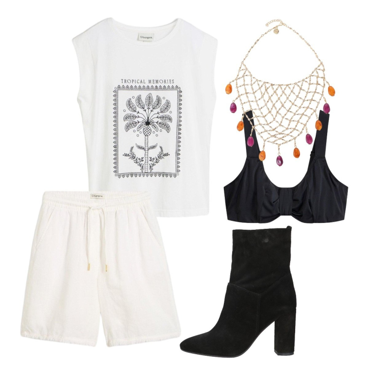 Outfit donna - Giugno. Stile Sporty chic per Tutti i giorni. Abbinamento con stivaletti, canottiere, reggiseni, bermuda, collane.