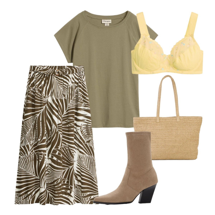 Outfit donna - Giugno. Stile Etnico per Tutti i giorni. Abbinamento con stivaletti, t-shirt, shopping bag, gonne longuette, reggiseni.