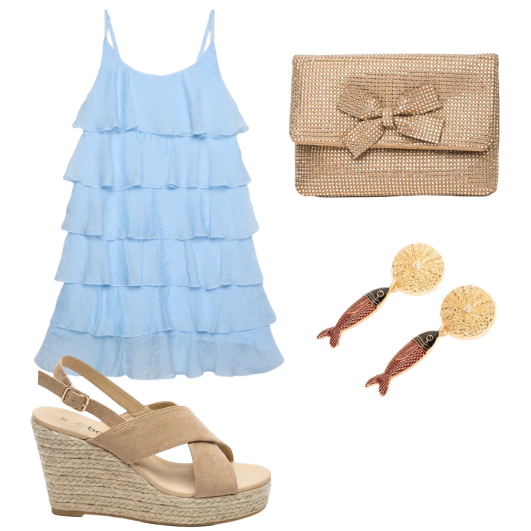 Outfit donna - Onde sulla spiaggia. Stile Minimal per Tutti i giorni. Abbinamento con sandali col tacco, vestiti corti, orecchini, clutch.
