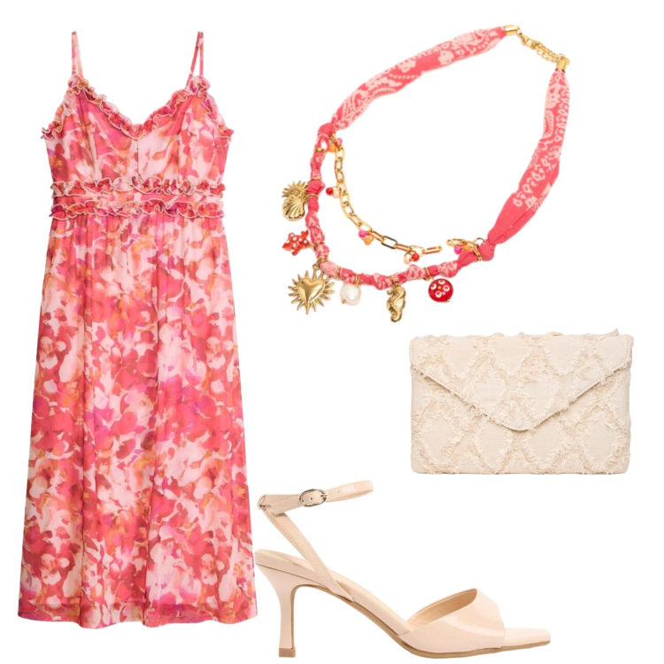 Outfit donna - Granchietto. Stile Romantica per Serata fuori. Abbinamento con sandali col tacco, vestiti, collane, clutch.