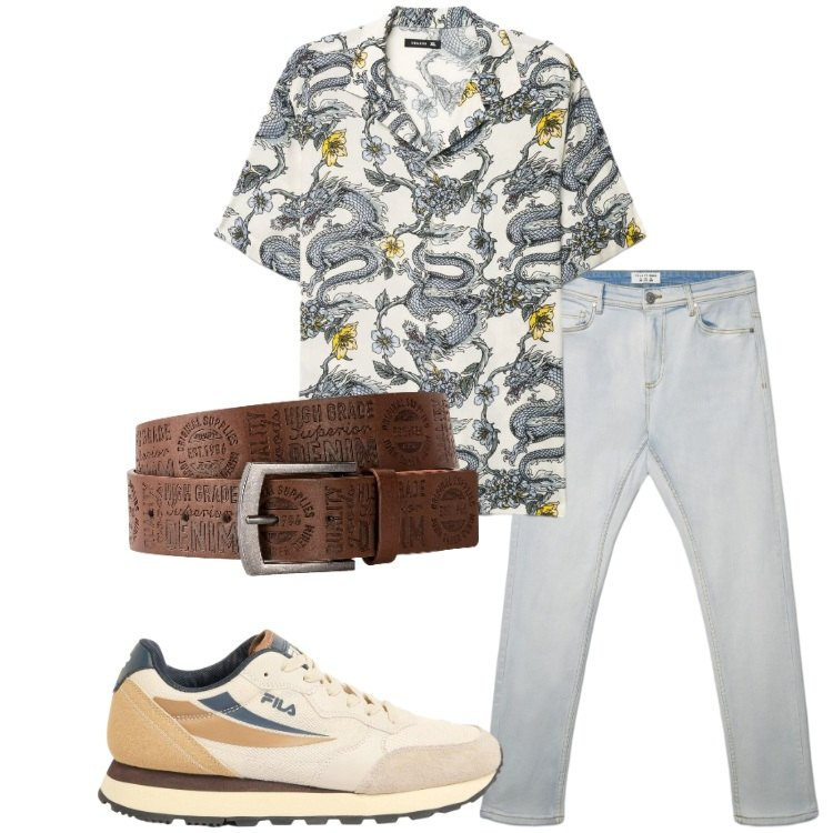 Outfit uomo - Estate in denim chiaro. Stile Trendy per Tutti i giorni. Abbinamento con cinture, sneakers, jeans skinny, camicie a manica corta.