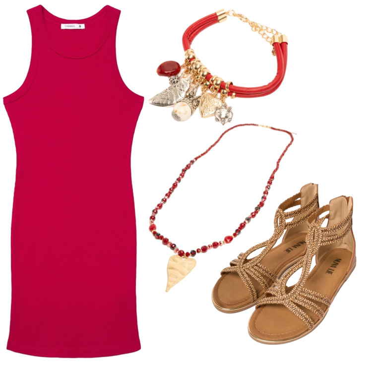 Outfit donna - Corallo. Stile Minimal per Tutti i giorni. Abbinamento con vestiti midi/longuette, sandali in pelle, braccialetti con ciondoli, ciondoli.