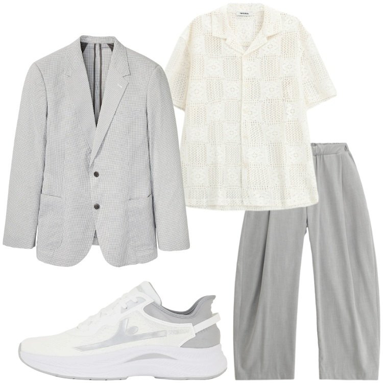 Outfit uomo - Sneakers bianche d’estate. Stile Trendy per Serata speciale. Abbinamento con giacche, sneakers, pantaloni, camicie a manica corta.