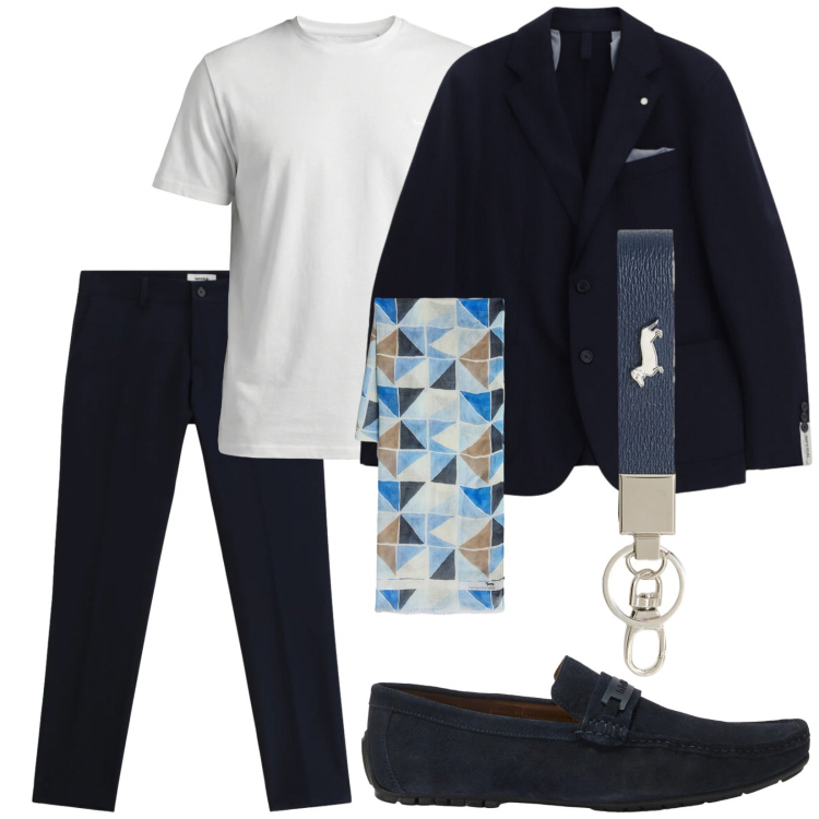 Outfit uomo - Il completo blu. Stile Business/Elegante per Serata speciale. Abbinamento con t-shirt, sciarpe, scarpe stringate, portachiavi, giacche, pantaloni.