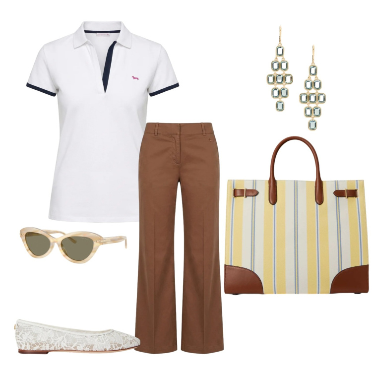 Outfit donna - Total look #2418802. Stile Casual chic per Ufficio. Abbinamento con polo, pantaloni, occhiali da sole, borse tote, ballerine, orecchini.