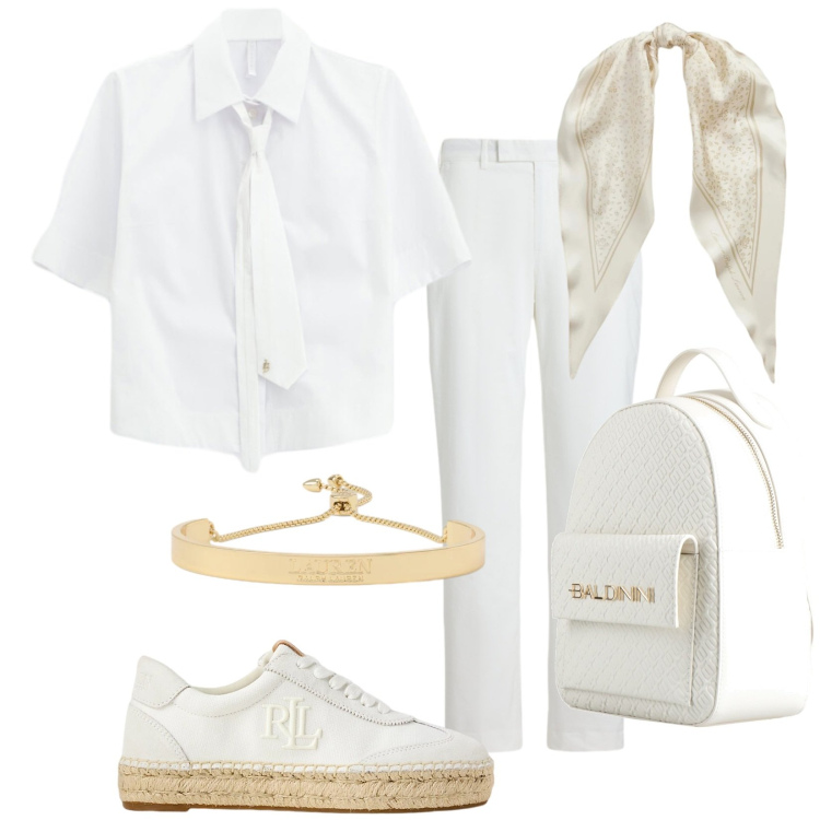 Outfit donna - Total White. Stile Trendy per Tutti i giorni. Abbinamento con zaini, camicie a manica corta, sneakers, foulard, braccialetti, pantaloni.