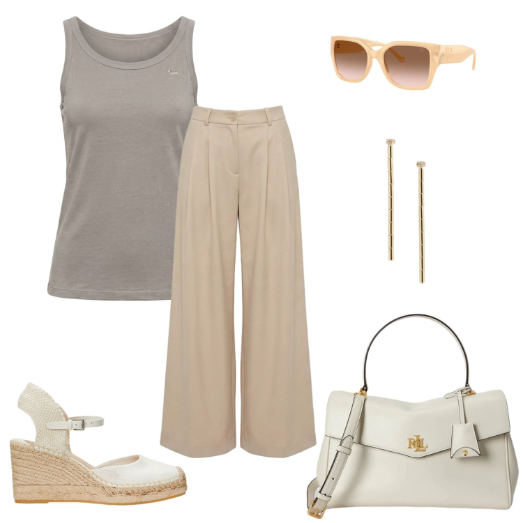 Outfit donna - Total look #2418821. Stile Casual chic per Tutti i giorni. Abbinamento con pantaloni, canottiere, espadrillas, occhiali da sole, borse a mano, orecchini.