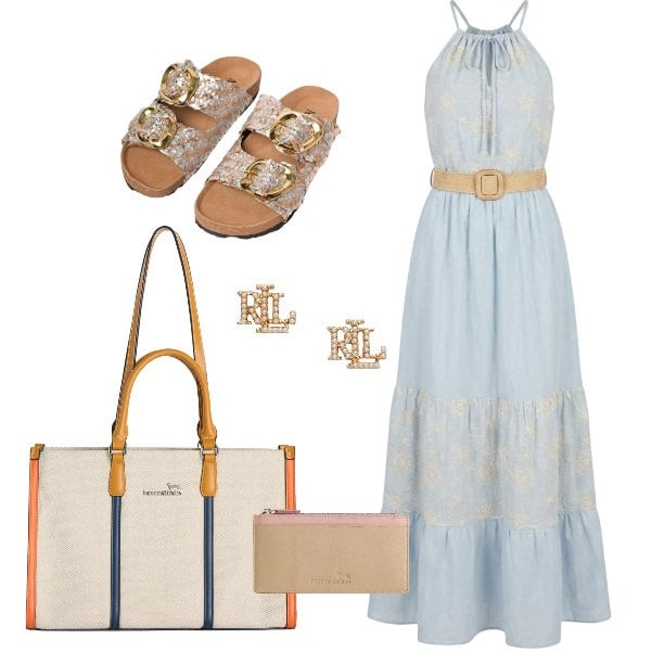 Outfit donna - Giornata tra le viette di Capri. Stile Casual chic per Mare. Abbinamento con portafogli, borse tote, orecchini, ciabatte, vestiti lunghi.
