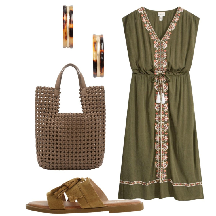 Outfit donna - Stile etnico per la serata. Stile Etnico per Serata fuori. Abbinamento con vestiti midi/longuette, sandali, orecchini, borse tote.