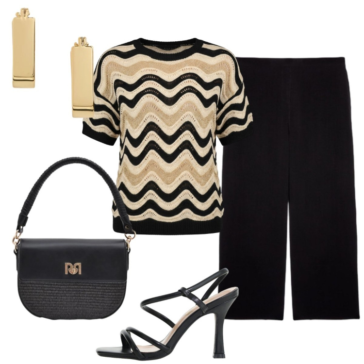Outfit donna - Serata di giugno in città. Stile Chic per Serata fuori. Abbinamento con sandali col tacco, borse a spalla, pantaloni, orecchini, t-shirt.