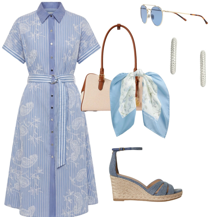 Outfit donna - Casual chic. per Tutti i giorni. Abbinamento con vestiti chemisier, orecchini, zeppe, occhiali da sole, foulard, borse a mano.