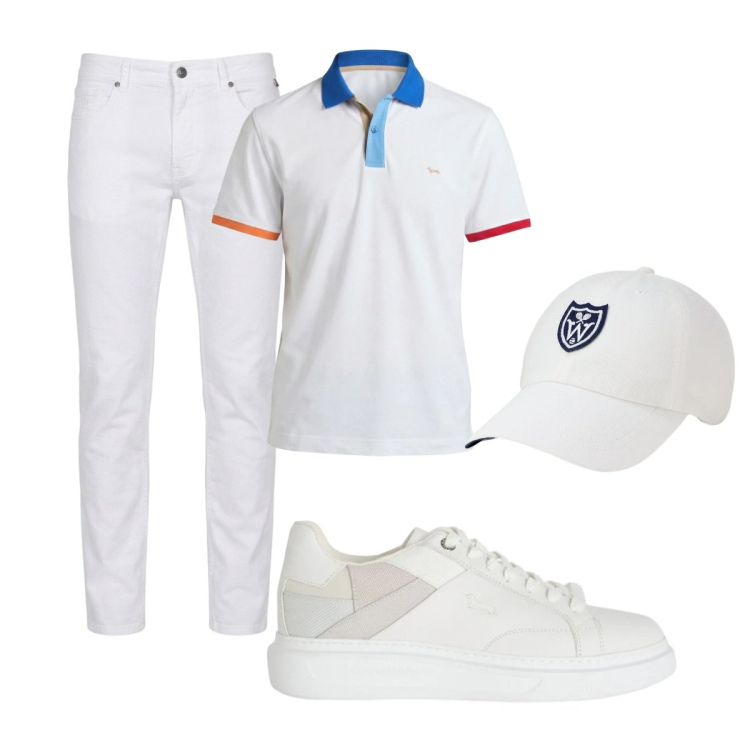 Outfit uomo - Total white. Stile Trendy per Tutti i giorni. Abbinamento con sneakers, polo, pantaloni, cappelli con visiera.