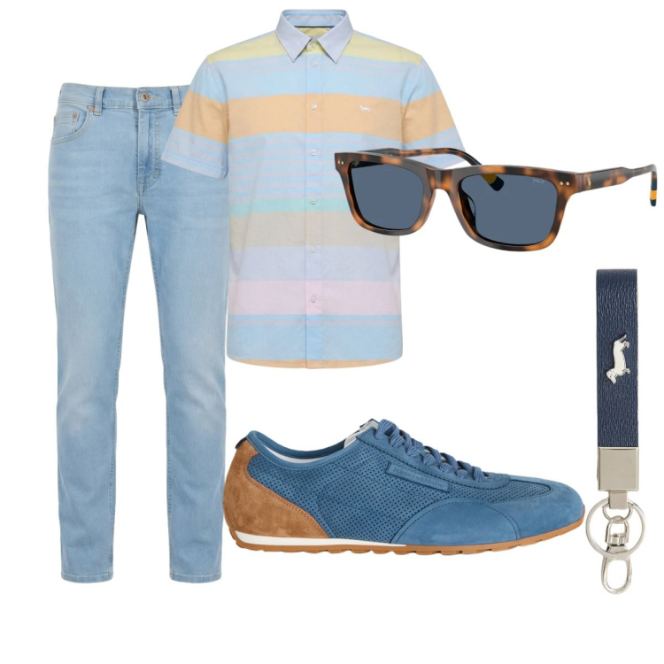 Outfit uomo - Total look #2418842. Stile Casual per Tutti i giorni. Abbinamento con camicie a manica corta, jeans, sneakers, portachiavi, occhiali da sole.