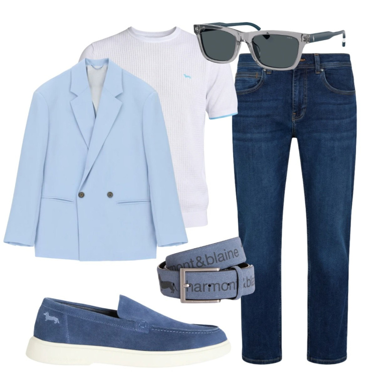 Outfit uomo - Casual chic. Stile Casual per Tutti i giorni. Abbinamento con cinture, t-shirt, jeans dritti, scarpe stringate, occhiali da sole, giacche.