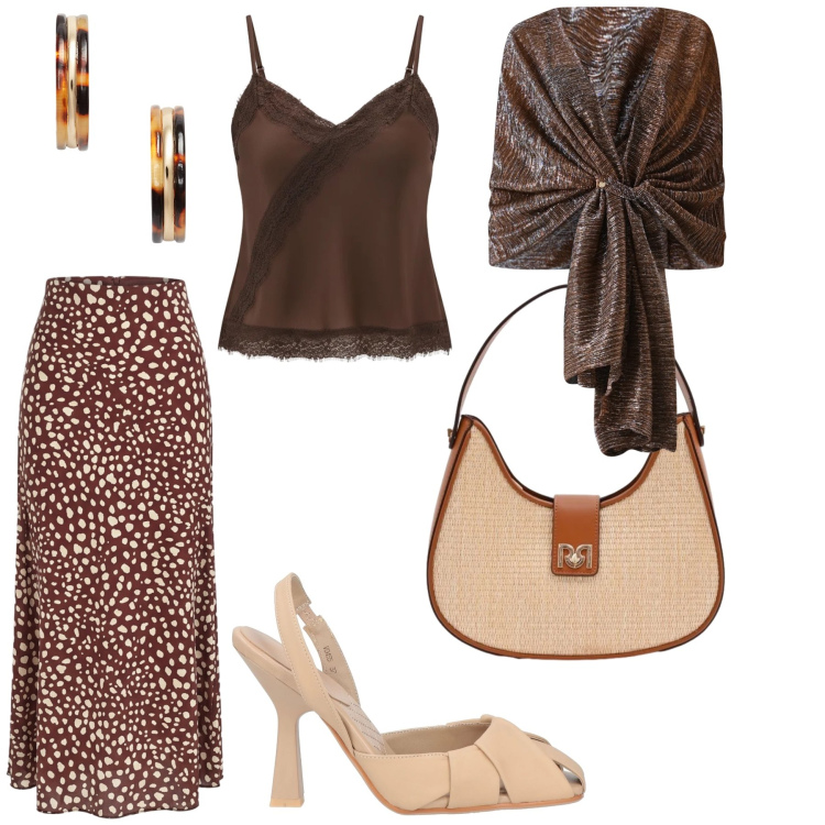 Outfit donna - Cena in terrazza. Stile Glamour per Serata fuori. Abbinamento con décolleté, stole, borse a spalla, canottiere, gonne lunghe, orecchini.