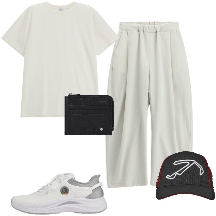 Outfit uomo - Total look #2418846. Stile Urban per Tutti i giorni. Abbinamento con cappelli con visiera, t-shirt, portafogli, pantaloni a palazzo, scarpe sportive.