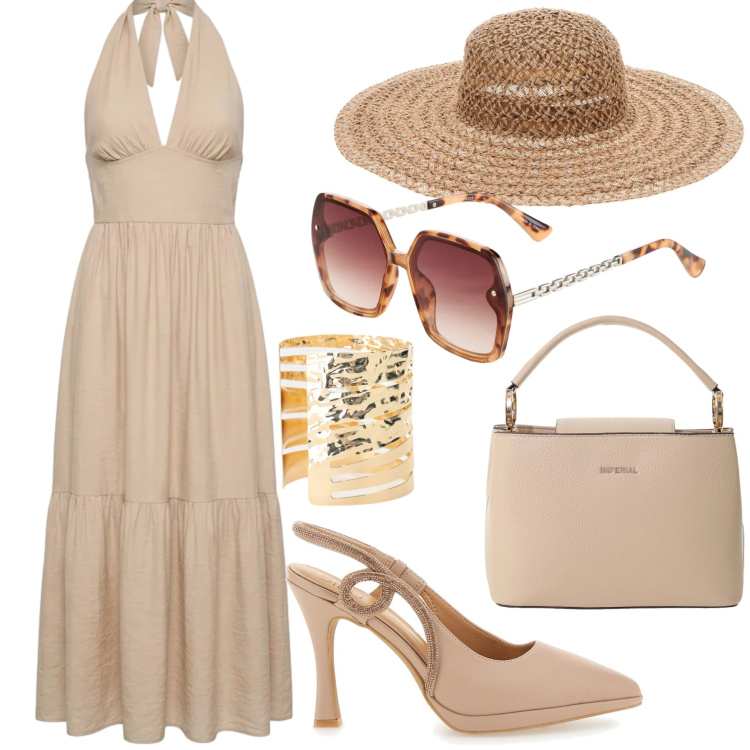 Outfit donna - Ricordando Capri. Stile Chic per Tutti i giorni. Abbinamento con occhiali da sole, vestiti lunghi, borse a secchiello, braccialetti, décolleté, cappelli.