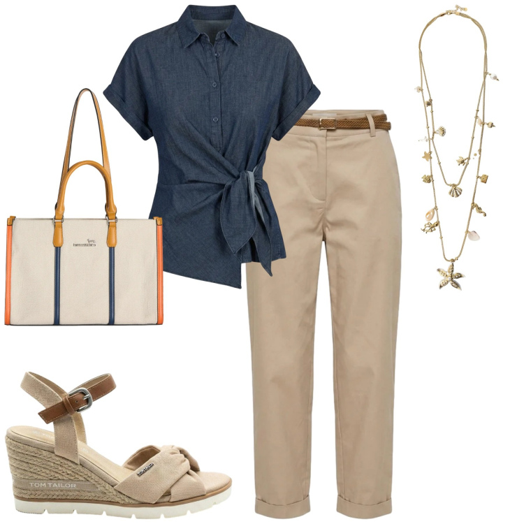 Outfit donna - City. Stile Casual chic per Tutti i giorni. Abbinamento con sandali col tacco, borse tote, collane, camicie a manica corta, pantaloni chino.