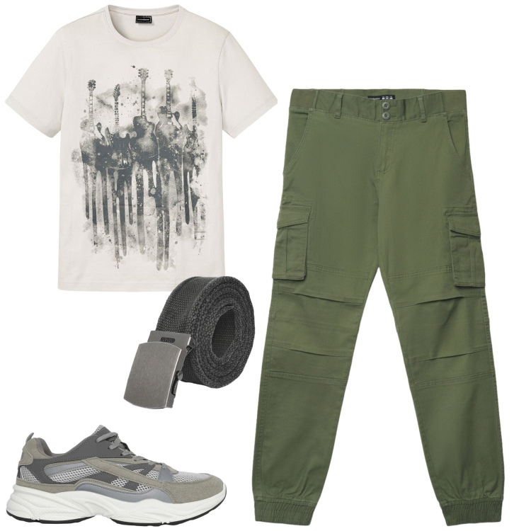 Outfit uomo - I cargo verde militare. Stile Casual per Tutti i giorni. Abbinamento con t-shirt, sneakers, cinture, pantaloni cargo.