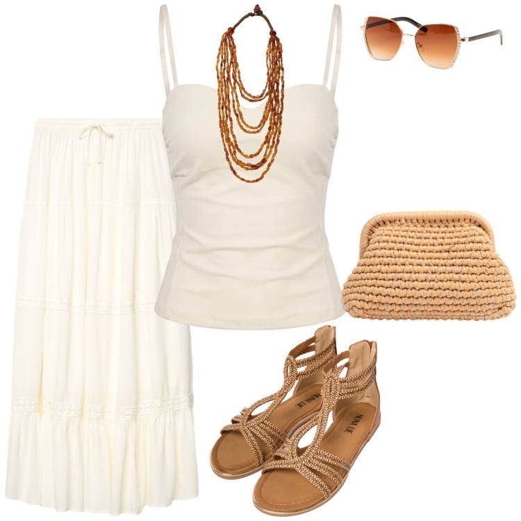 Outfit donna - Sere d’estate. Stile Casual chic per Tutti i giorni. Abbinamento con gonne lunghe, collane, top, sandali in pelle, occhiali da sole, clutch.