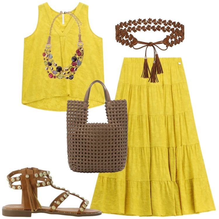 Outfit donna - Solare. Stile Boho per Tutti i giorni. Abbinamento con gonne lunghe, top, sandali, collane, cinture, borse tote.