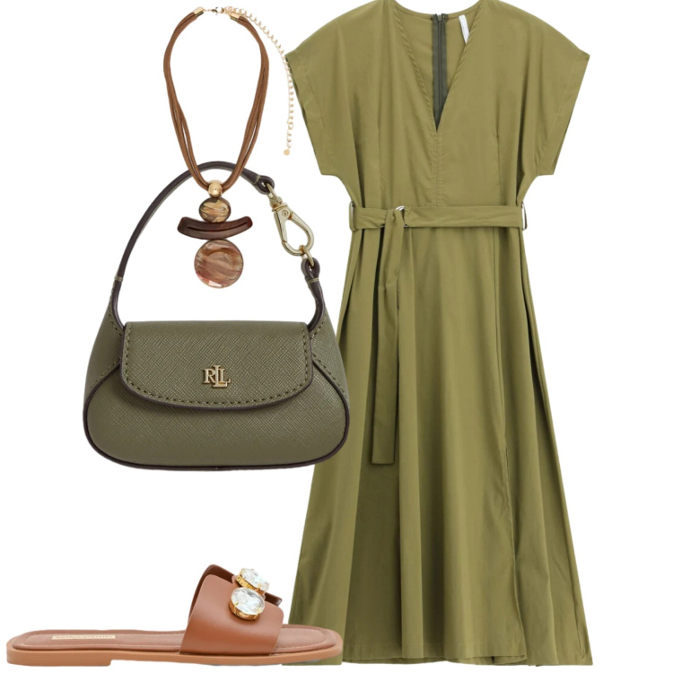 Outfit donna - City. Stile Basic per Tutti i giorni. Abbinamento con vestiti midi/longuette, sandali gioiello, ciondoli, borse a mano.