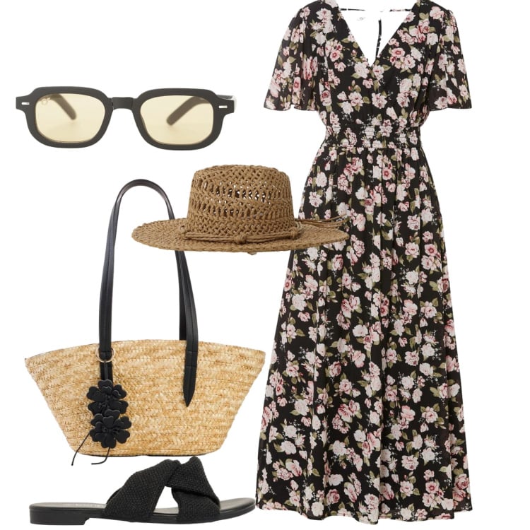 Outfit donna - Per un pranzo all\'aperto. Stile Romantica per Tutti i giorni. Abbinamento con vestiti lunghi, shopping bag, sandali, occhiali da sole, cappelli.