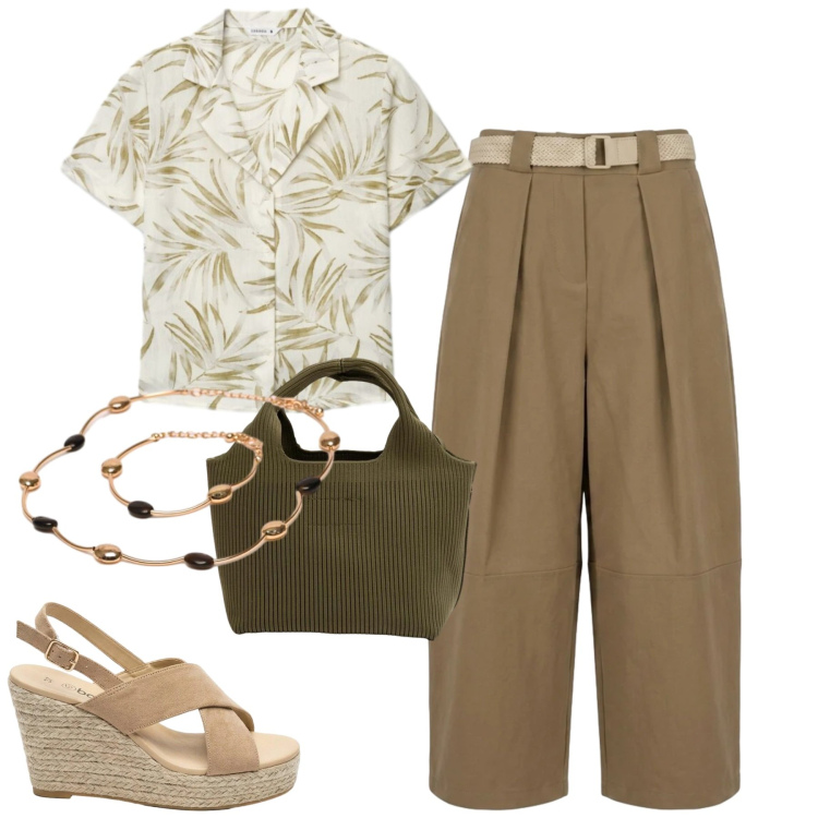 Outfit donna - In ufficio. Stile Casual chic per Ufficio. Abbinamento con sandali col tacco, camicie a manica corta, pantaloni, borse a mano, collane.