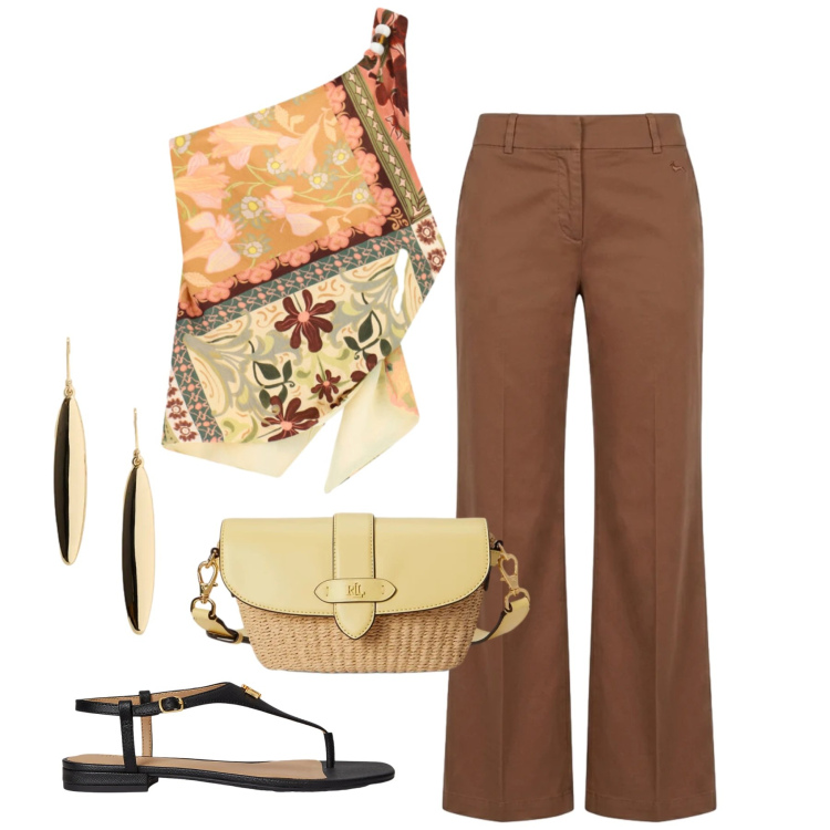 Outfit donna - Pantalini portati chic. Stile Chic per Serata fuori. Abbinamento con pantaloni, borse a tracolla, sandali in pelle, orecchini, top.