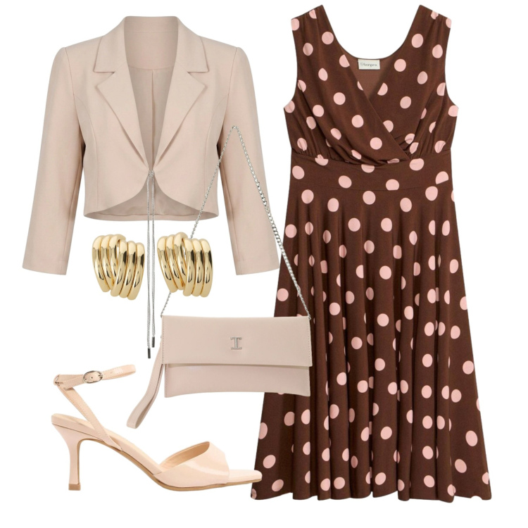 Outfit donna - Pois senza fine. Stile Chic per Cerimonia. Abbinamento con sandali col tacco, vestiti, borse a tracolla, blazer, orecchini.