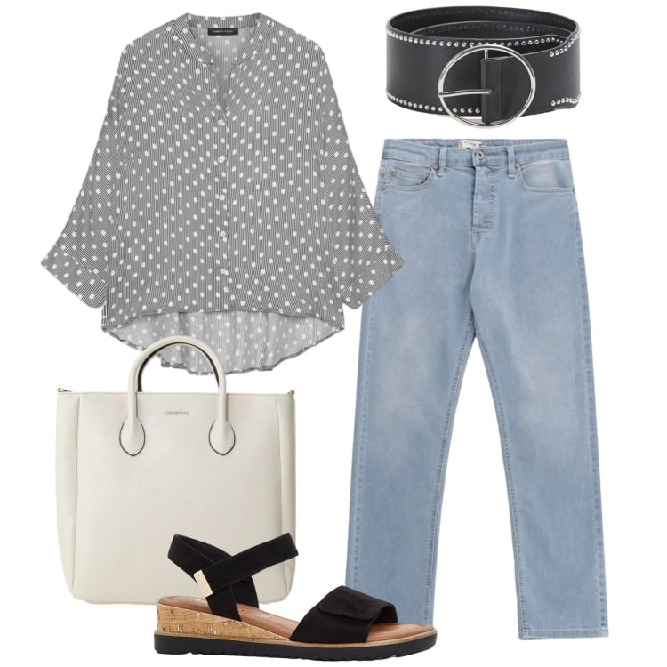 Outfit donna - Una camicia ampia e comoda. Stile Casual per Tutti i giorni. Abbinamento con sandali, cinture, borse a tracolla, jeans, camicie.