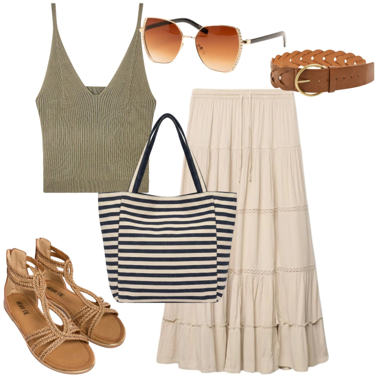Outfit donna - Weekend. Stile Casual chic per Tutti i giorni. Abbinamento con cinture, top, gonne lunghe, borse tote, sandali in pelle, occhiali da sole.