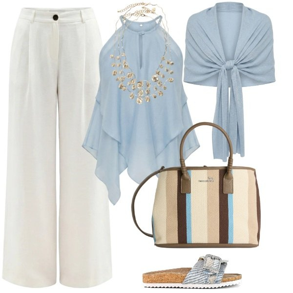 Outfit donna - Total look #2418871. Stile Casual chic per Serata fuori. Abbinamento con canottiere, stole, pantaloni a palazzo, shopping bag, collane, sandali.