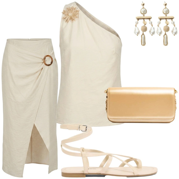 Outfit donna - Elegantemente in comodità. Stile Glamour per Serata fuori. Abbinamento con sandali, orecchini, top, gonne longuette, clutch.