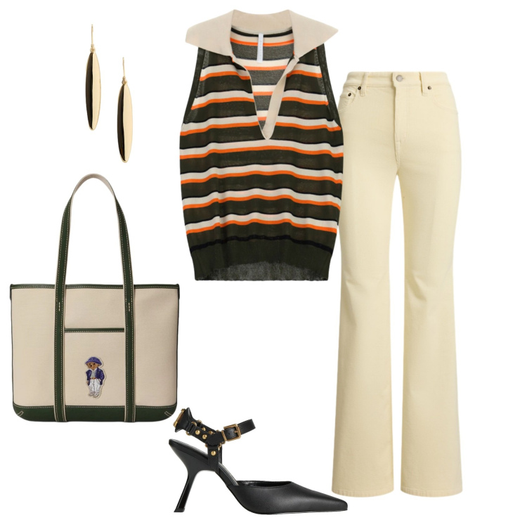Outfit donna - Total look #2418874. Stile Casual chic per Serata fuori. Abbinamento con décolleté, top, pantaloni, borse tote, orecchini.