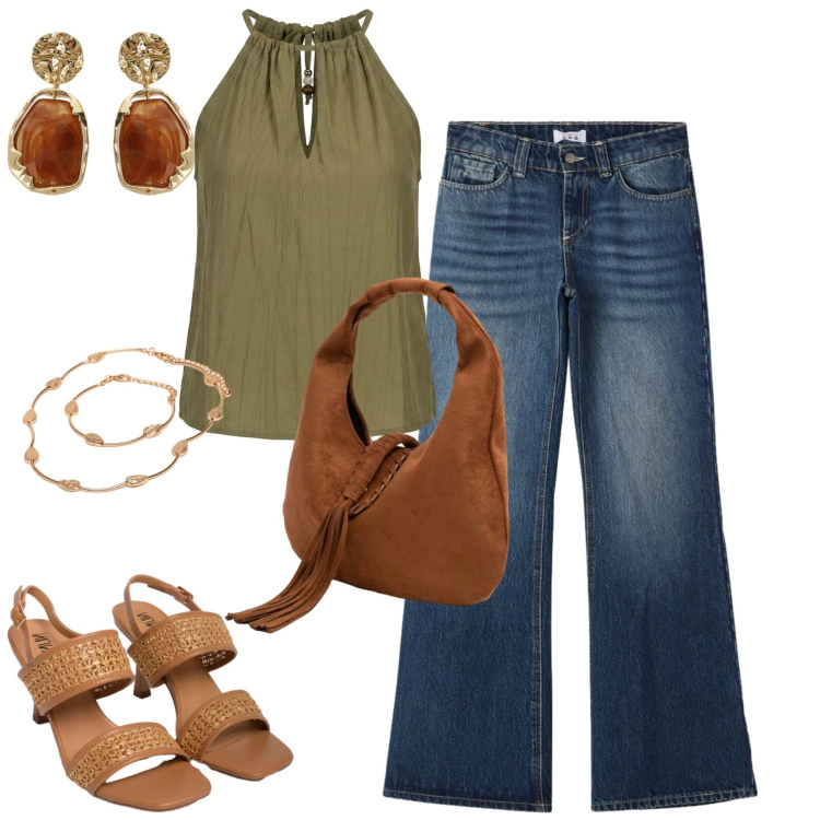 Outfit donna - Giugno. Stile Casual chic per Tutti i giorni. Abbinamento con jeans, sandali in pelle, borse a spalla, top, braccialetti, orecchini.