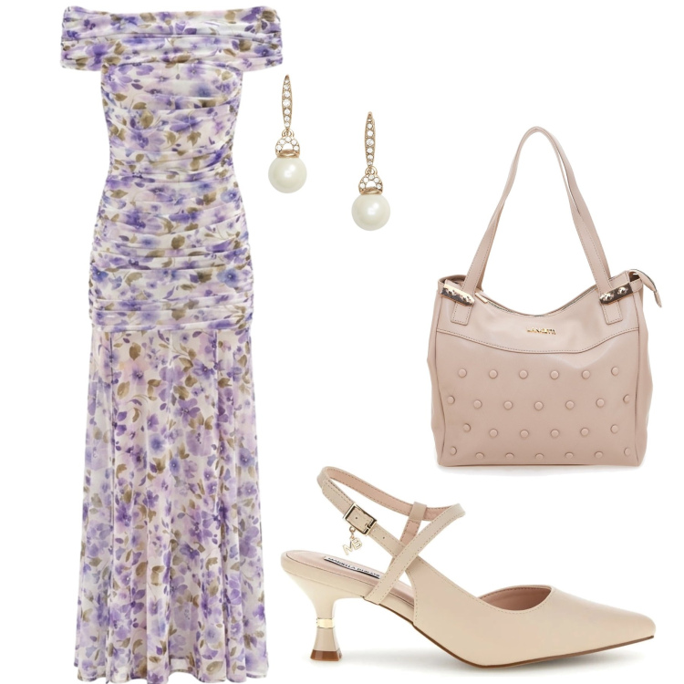 Outfit donna - Lillà. Stile Casual chic per Tutti i giorni. Abbinamento con vestiti lunghi, orecchini, shopping bag, décolleté.