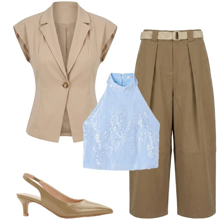 Outfit donna - Total look #2418878. Stile Chic per Cerimonia. Abbinamento con décolleté, top, pantaloni, blazer.
