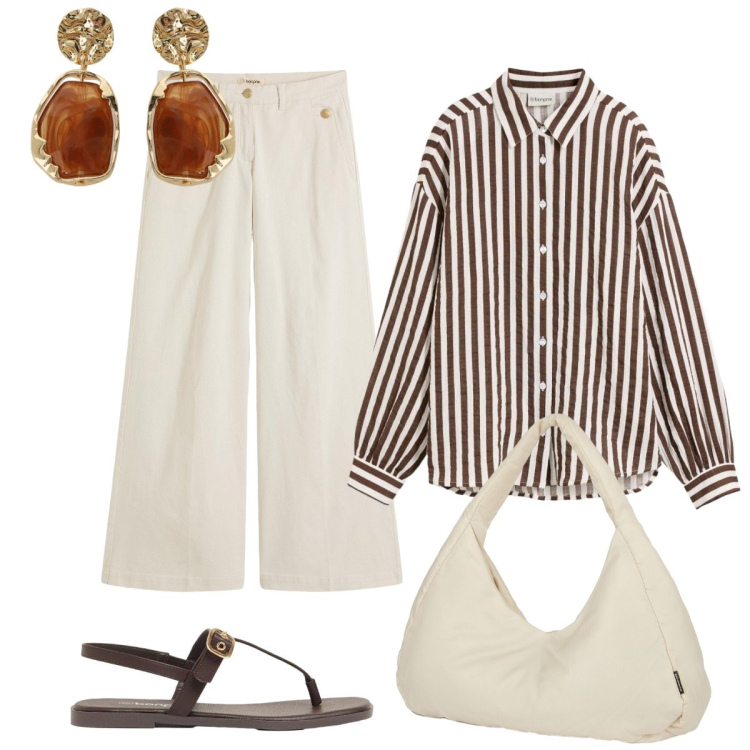 Outfit donna - Bianco e marrone classico e sofisticato. Stile Casual chic per Tutti i giorni. Abbinamento con sandali, pantaloni, camicie, borse a spalla, orecchini.